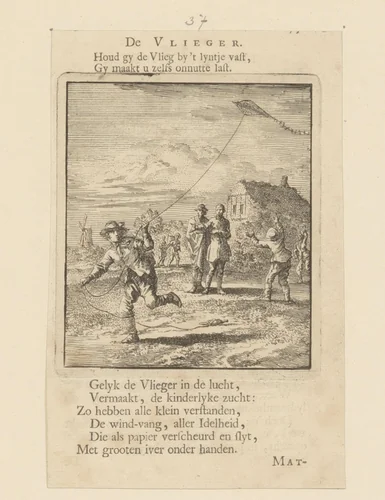 Kinderen spelend met een vlieger by Jan Luyken, print, 1712