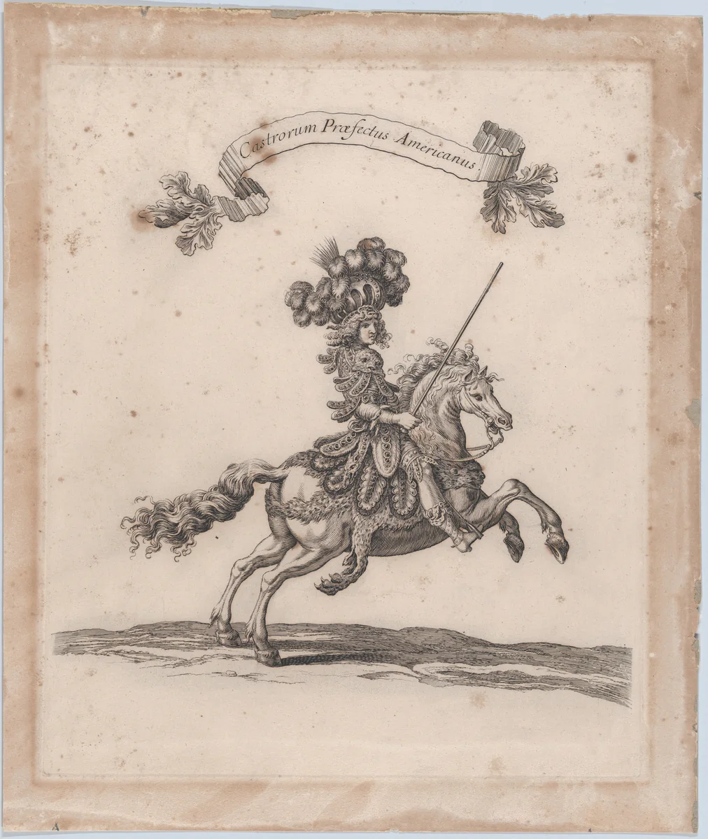 Castrorum Prœfectus Americanus, from "Courses de Testes et de Bagues Faittes par Roy et par les Princes et Signeurs de sa Cour, en l'annee 1662" (Grand Carrousel) by François Chauveau, print, 1662-1670