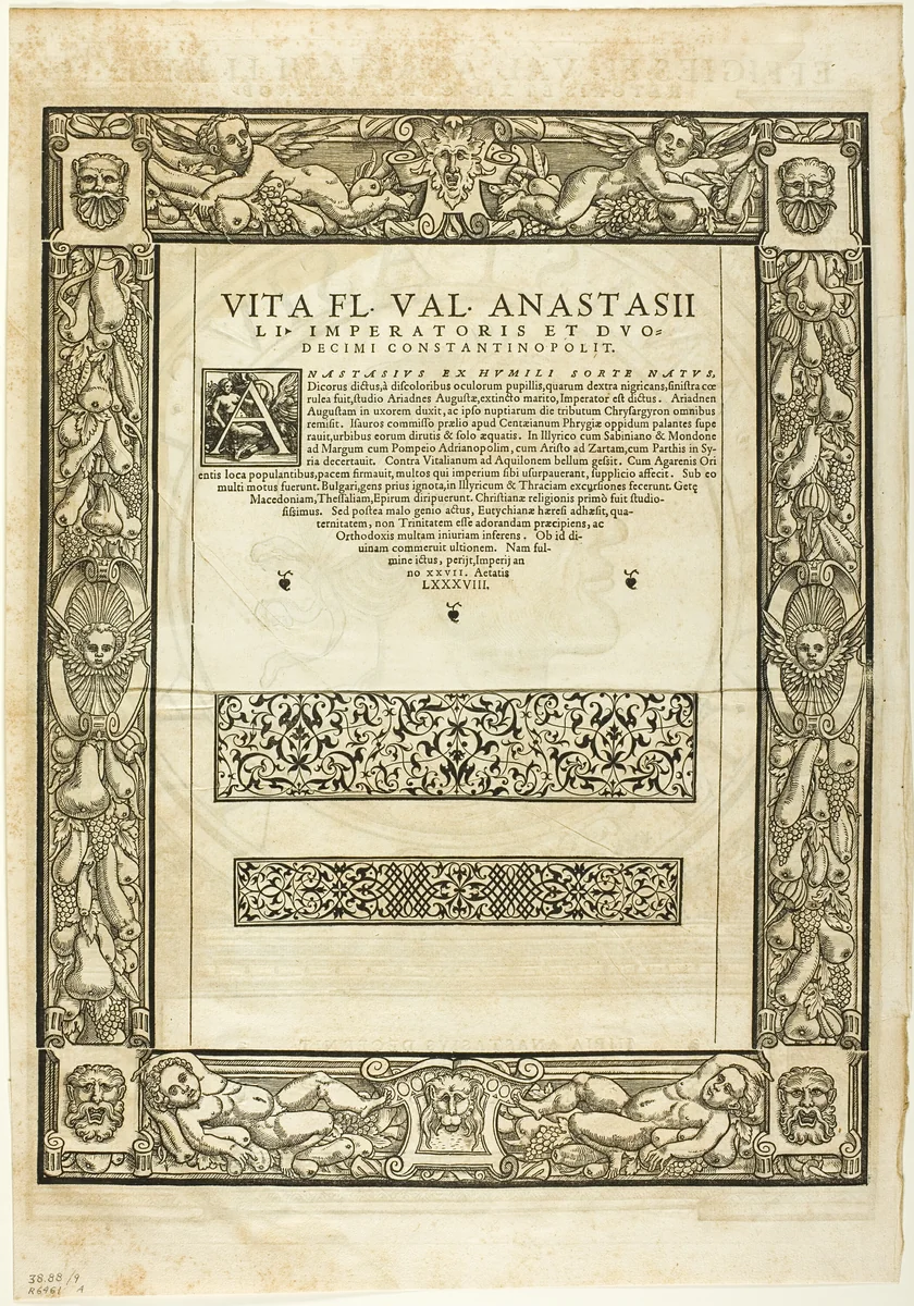 Decorative Border (recto) and Portrait of Emporer Anastasius (verso), plate nine from Woodcuts from Books of the XVI Century by Hans Rudolf Manuel Deutsch
Peter Flötner, print, 1559