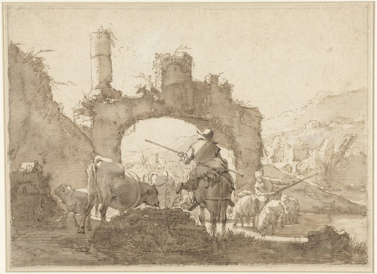 Twee herders drijven hun vee door een rivier by Johann Heinrich Roos, drawing, 1641-1685