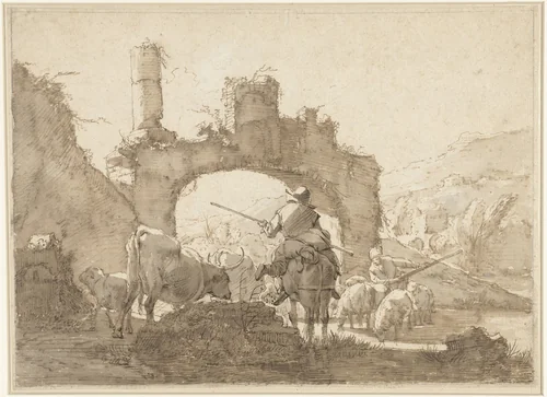 Twee herders drijven hun vee door een rivier by Johann Heinrich Roos, drawing, 1641-1685