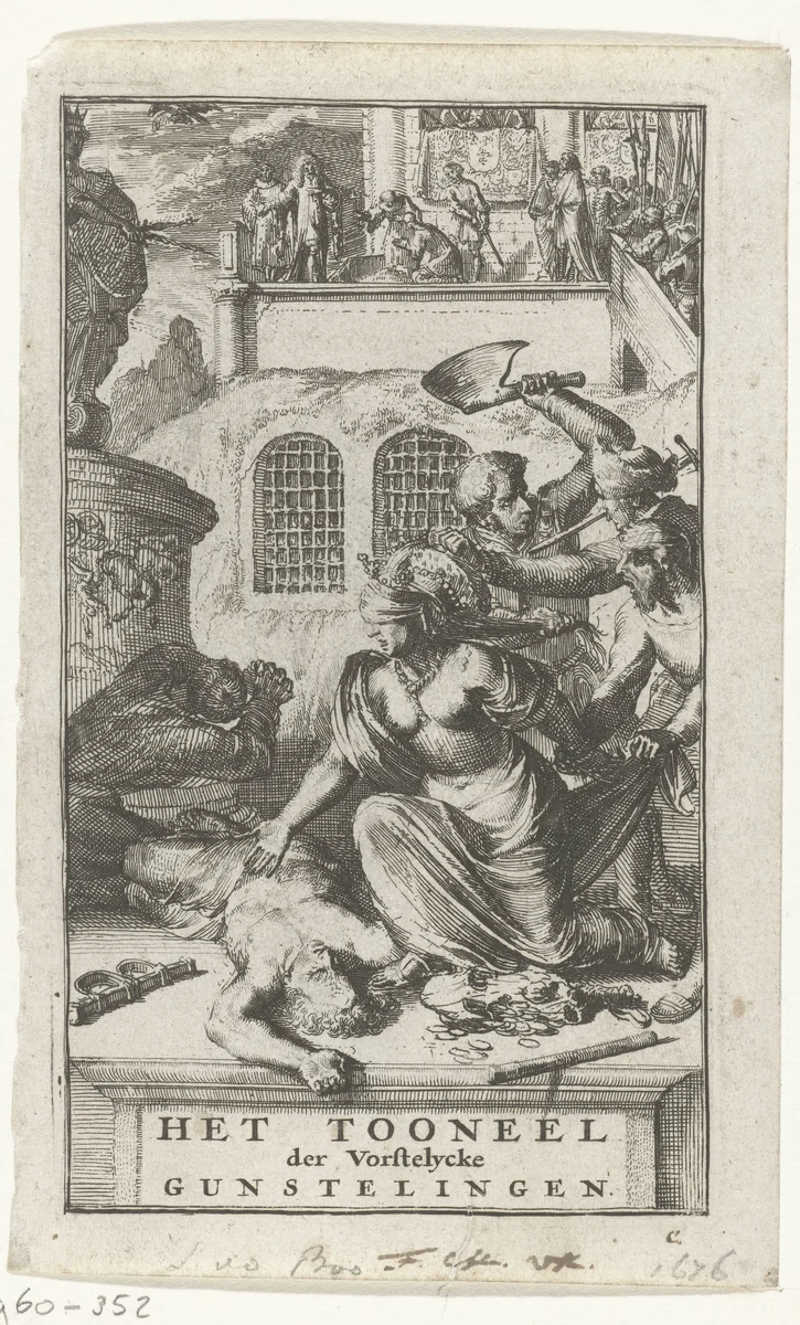 Titelprent voor 'Het tooneel der vorstelycke gunstelingen' van Lambert van den Bos by Romeyn de Hooghe, print, 1676