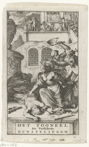 Titelprent voor 'Het tooneel der vorstelycke gunstelingen' van Lambert van den Bos by Romeyn de Hooghe, print, 1676