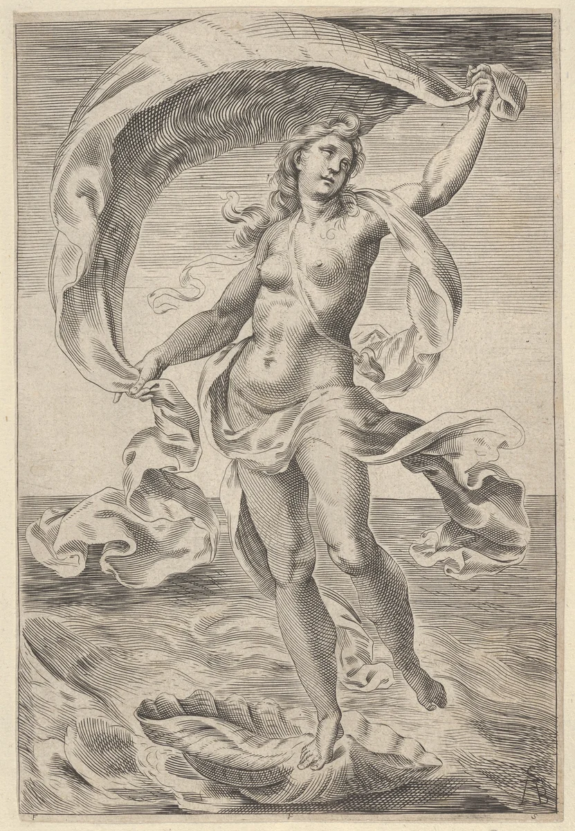 Venus on a half-shell, holding fabric over her head by Cherubino Alberti, print, 1570-1615