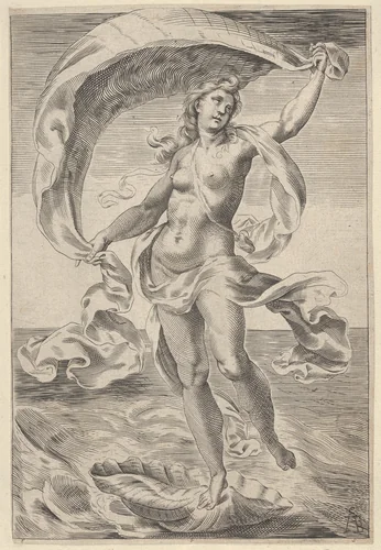 Venus on a half-shell, holding fabric over her head by Cherubino Alberti, print, 1570-1615