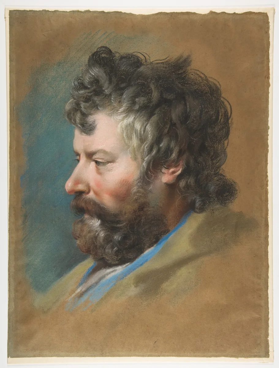 Head of a Bearded Man in Profile to Left by François Le Moyne, drawing, 1700-1737
