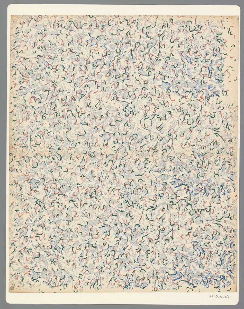 Blad met strooipatroon van ranken en gestippelde bloemen by anonymous, print, 1800-1900