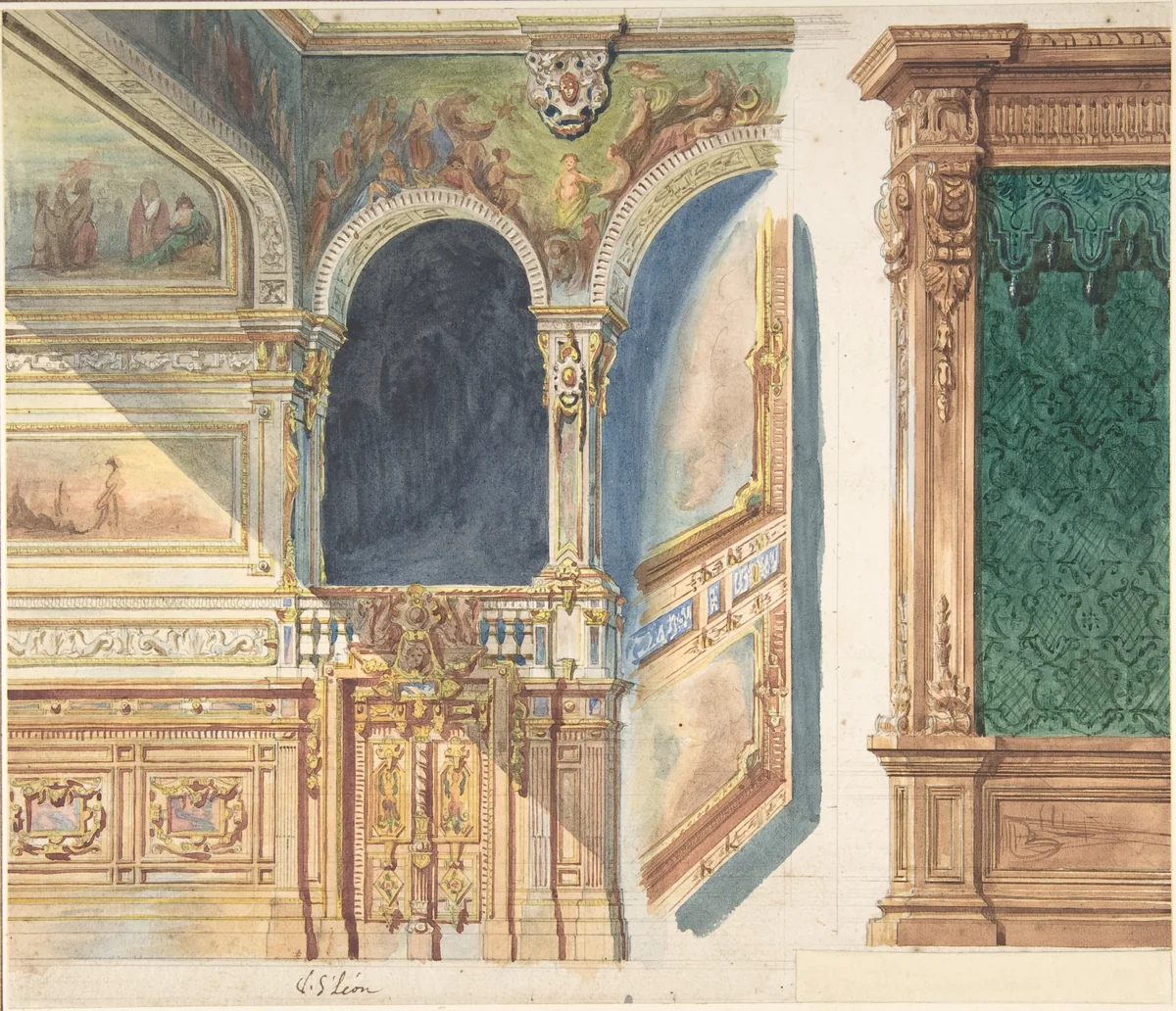 Design for an Interior, possibly a Theater by V. S. Léon, drawing, 1855-1865