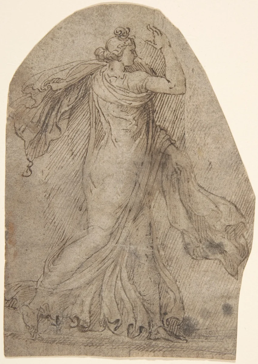 Female Figure in Antique Style Dress, Striding to the Right by anonymous, drawing, 1700-1750