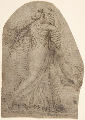 Female Figure in Antique Style Dress, Striding to the Right by anonymous, drawing, 1700-1750
