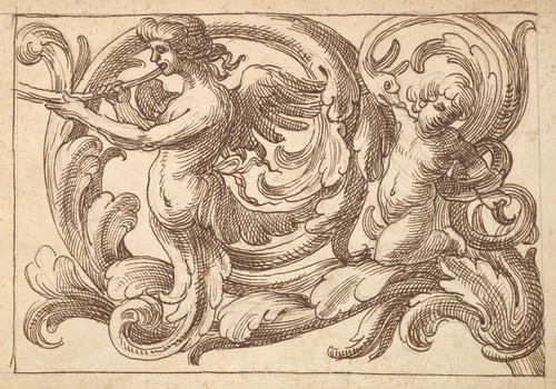 Horizontal Panel Design with a Male Figure, a Putto and a Snake Interspersed between Acanthus Rinceaux by anonymous, drawing, 1600-1650