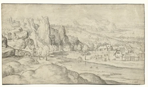 Rivierlandschap met watermolen en steile rotsen by anonymous, drawing, 1537
