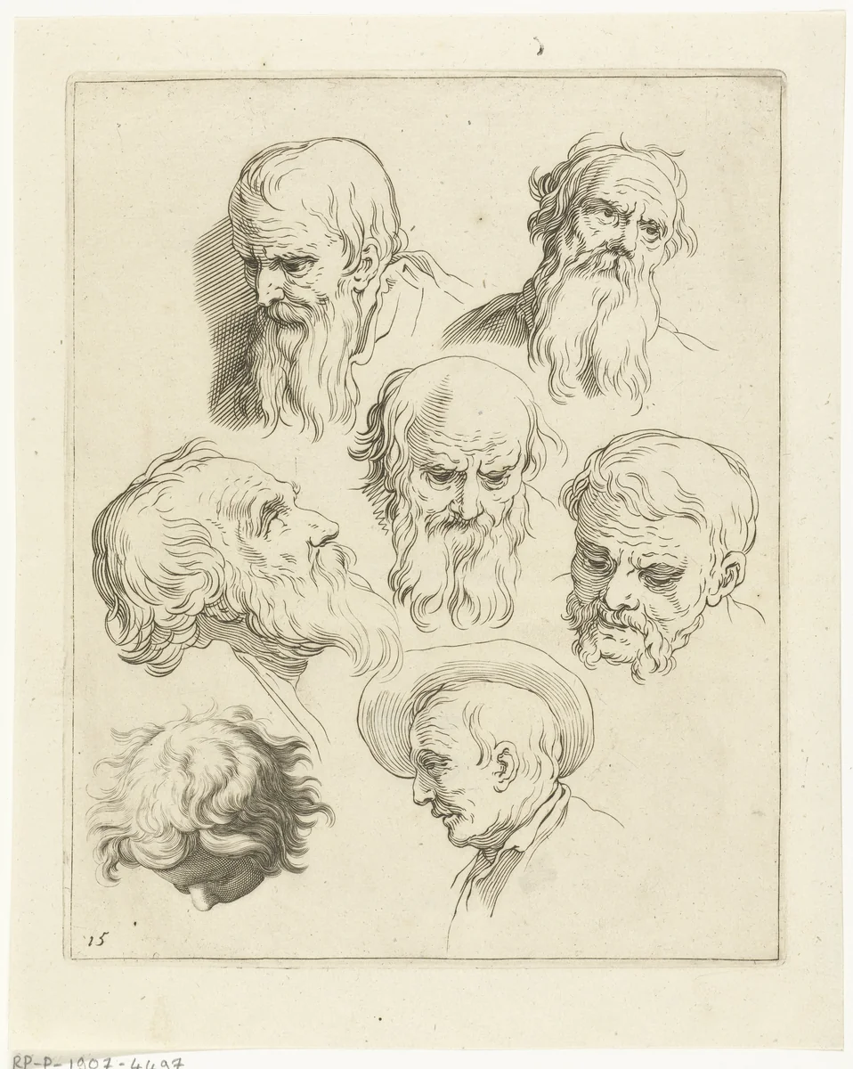 Detailstudie van mannenhoofden by Frederick Bloemaert, print, 1650-1656