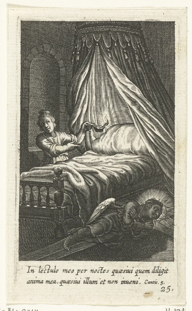 Engel slaapt op grond naast bed van kind by Boëtius Adamsz. Bolswert, print, 1590-1624