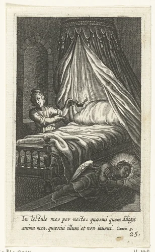Engel slaapt op grond naast bed van kind by Boëtius Adamsz. Bolswert, print, 1590-1624