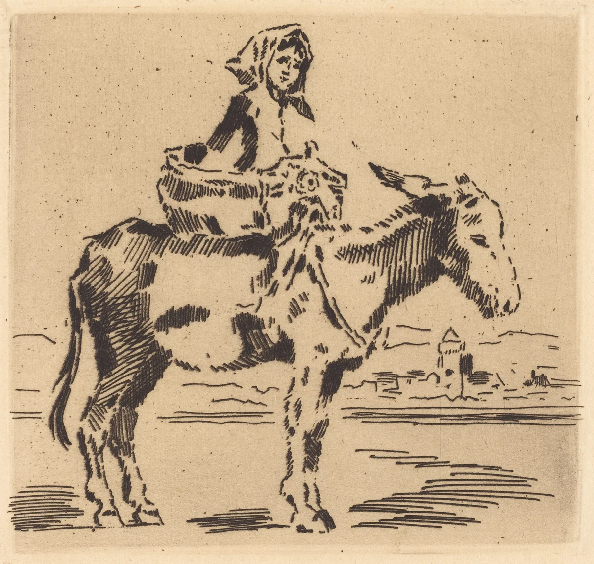 Cacoletière à la Tour (Woman Riding an Ass near a Tower) by Félix-Hilaire Buhot, print, 1847-1898