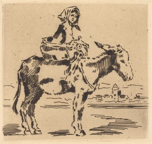 Cacoletière à la Tour (Woman Riding an Ass near a Tower) by Félix-Hilaire Buhot, print, 1847-1898