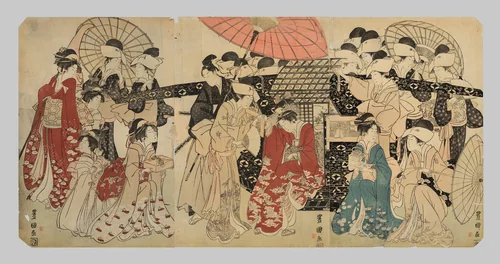 A princess traveling with her attendants descends from a palanquin by Utagawa Toyokuni I (初代 歌川 豊国), print, 1796-1809