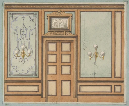Elevation of a paneled interior with double doors and gaslight sconces by Jules-Edmond-Charles Lachaise, drawing, 1830-1897