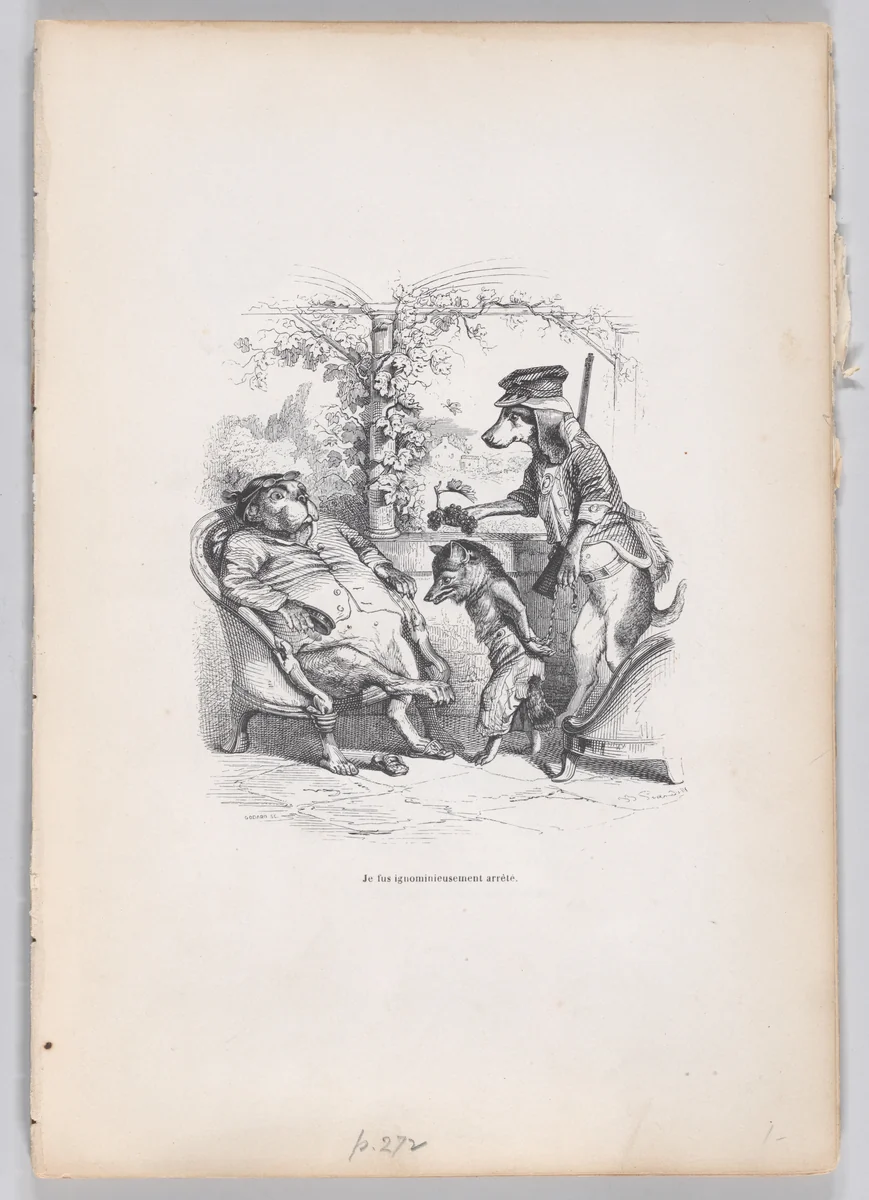 I was ignominiously arrested, from "Scenes from the Private and Public Life of Animals" by J. J. Grandville, print, 1832-1852
