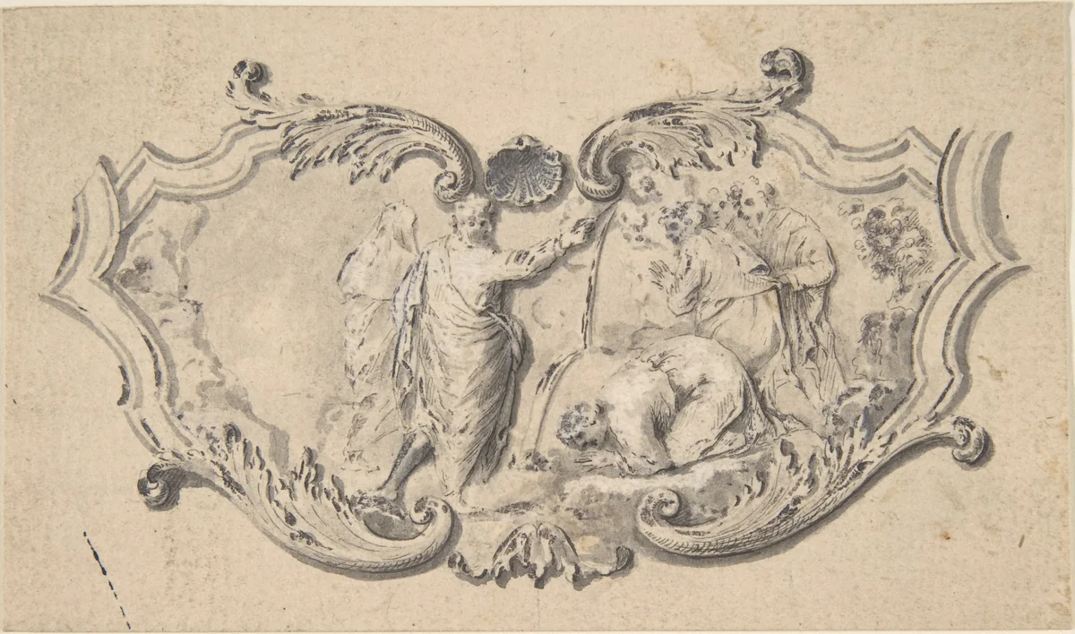 Cartouche with Moses Striking the Rock by anonymous, drawing, 1700-1799