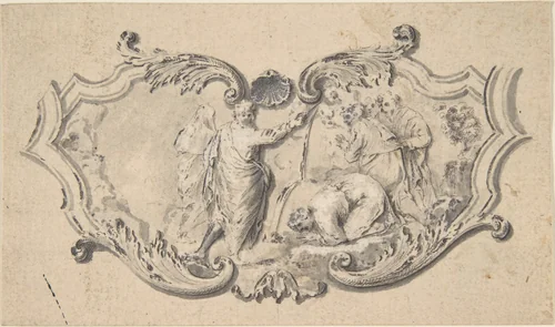 Cartouche with Moses Striking the Rock by anonymous, drawing, 1700-1799