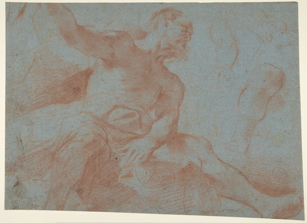 Seated Old Man with Right Arm Upraised (Tithonus) (recto); Seated Nude Youth (figure of Day) (verso) by Guercino, drawing, 1621