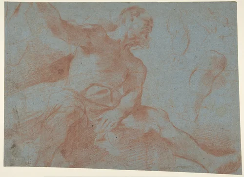Seated Old Man with Right Arm Upraised (Tithonus) (recto); Seated Nude Youth (figure of Day) (verso) by Guercino, drawing, 1621