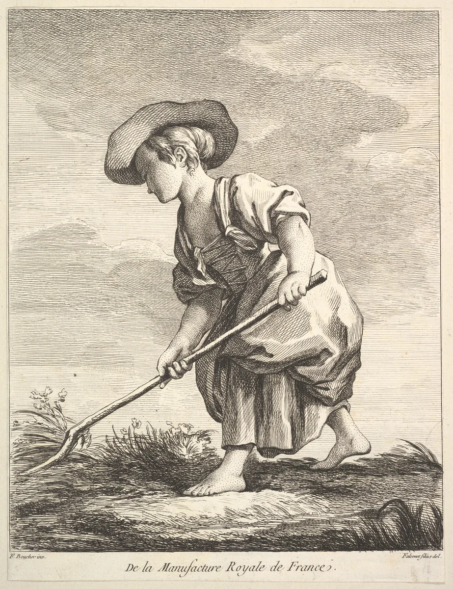 Little girl doing farm work, from "Premier Livre de Figures d'après les porcelaines de la Manufacture Royale de France, inventées en 1757, par Mr. Boucher" (First Book of Figures after porcelains from the Manufacture Royale de France, devised in 1757, by Mr. Boucher) by Pierre Etienne Falconet, print, 1757