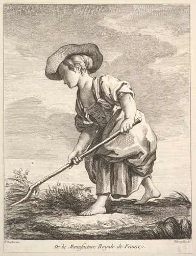 Little girl doing farm work, from "Premier Livre de Figures d'après les porcelaines de la Manufacture Royale de France, inventées en 1757, par Mr. Boucher" (First Book of Figures after porcelains from the Manufacture Royale de France, devised in 1757, by Mr. Boucher) by Pierre Etienne Falconet, print, 1757