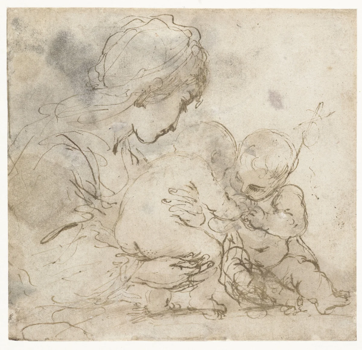 Maria met kind en Johannes de Doper by Guercino, drawing, 1601-1616