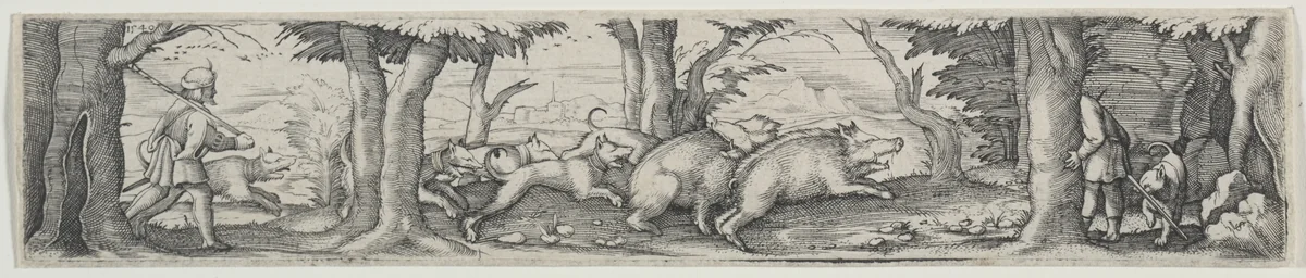 Boar Hunt by Virgilius Solis, print, 1540