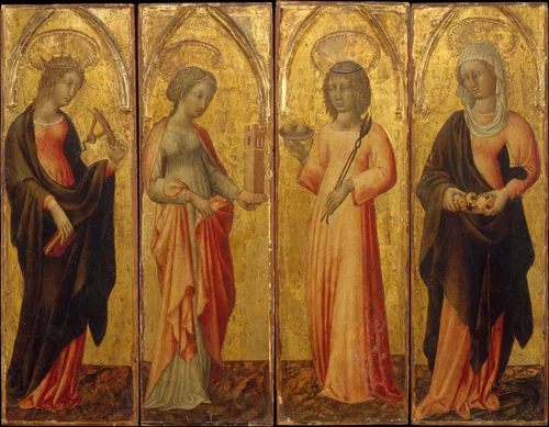 Saints Catherine of Alexandria, Barbara, Agatha, and Margaret by Giovanni di Paolo, painting, 1465-1475