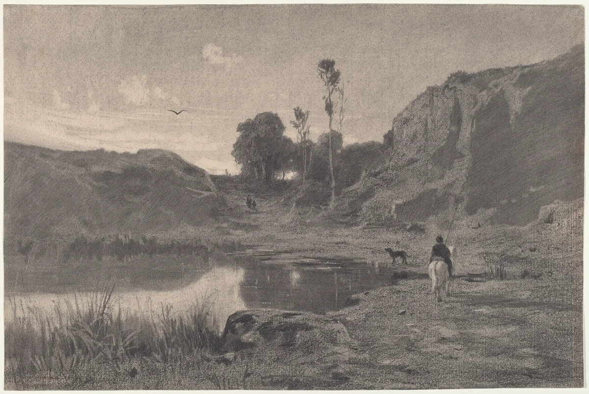 A Rider by a Mountain Pond at Sunset by Adolphe Appian, drawing, 1870-1879