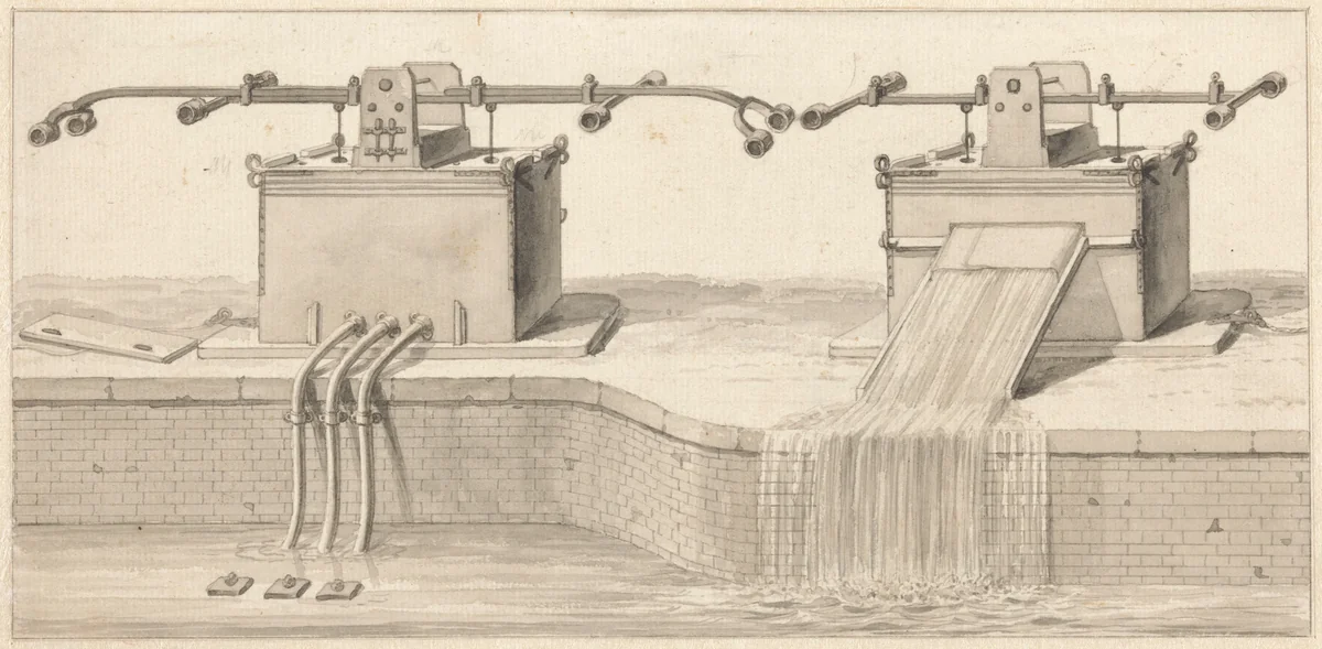 Gebruik van dubbele zuigpompen by Jan van der Heyden, drawing, 1685-1690