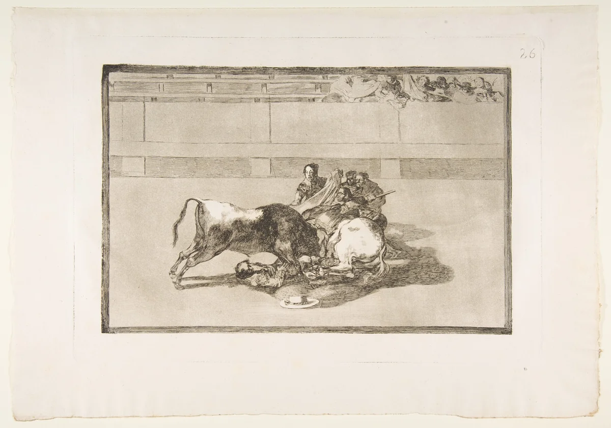 Plate 26 from "La Tauromaquia": A picador is unhorsed and falls under the bull by Goya, print, 1816