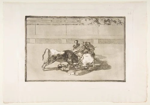 Plate 26 from "La Tauromaquia": A picador is unhorsed and falls under the bull by Goya, print, 1816