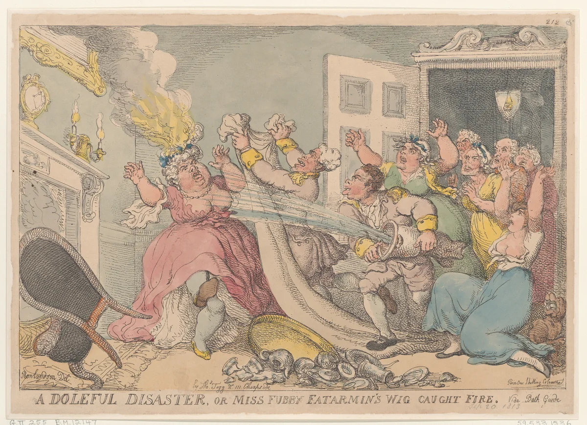 A Doleful Disaster, or Miss Fubby Fatarmin's Wig Caught Fire by Thomas Rowlandson, print, 1813