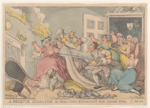 A Doleful Disaster, or Miss Fubby Fatarmin's Wig Caught Fire by Thomas Rowlandson, print, 1813