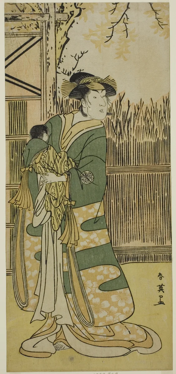 The Actor Nakayama Tomisaburo I as Lady Tokiwa (Tokiwa Gozen) (?) in the Play Kimmenuki Genke no Kakutsuba (?), Performed at the Ichimura Theater (?) in the Eleventh Month, 1791 (?) by Katsukawa Shun'ei (勝川春英), print, 1786-1796
