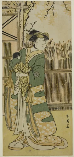 The Actor Nakayama Tomisaburo I as Lady Tokiwa (Tokiwa Gozen) (?) in the Play Kimmenuki Genke no Kakutsuba (?), Performed at the Ichimura Theater (?) in the Eleventh Month, 1791 (?) by Katsukawa Shun'ei (勝川春英), print, 1786-1796