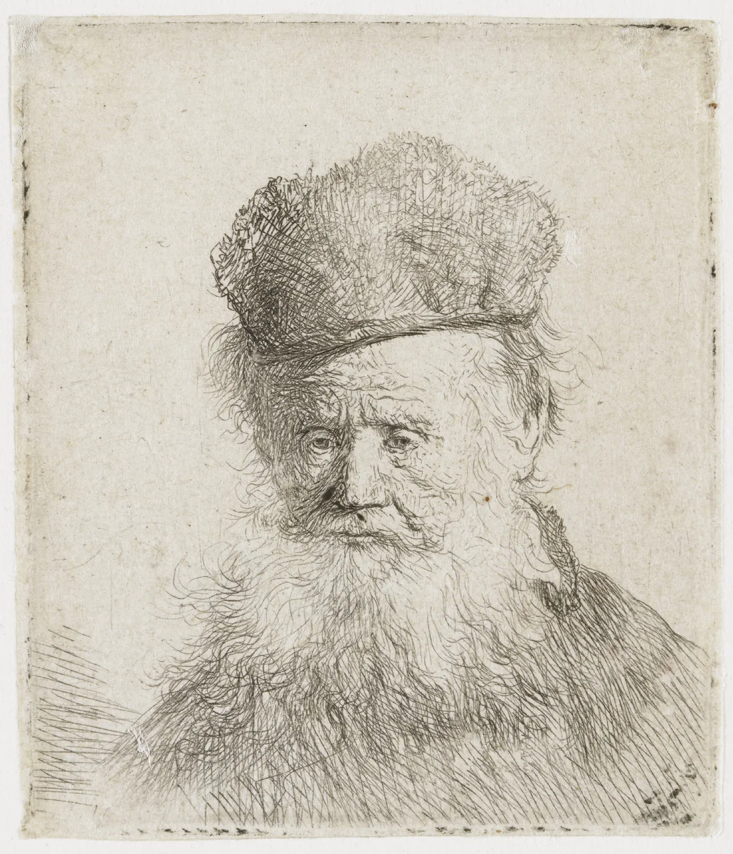 Old Man with a Fur Cap and Flowing Beard by Rembrandt van Rijn, print, 1631