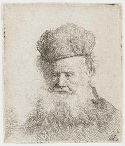 Old Man with a Fur Cap and Flowing Beard by Rembrandt van Rijn, print, 1631