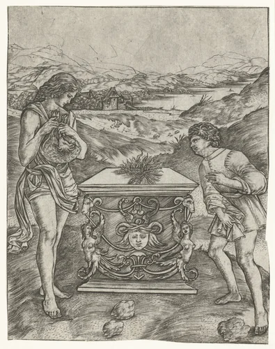 Kain en Abel offeren lam op altaar by Christoforo di Michele Robetta, print, 1480-1535