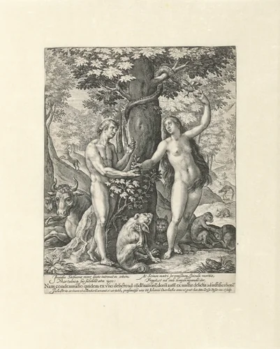Eva biedt Adam de verboden vrucht aan by Unknown, print, 1574-1637