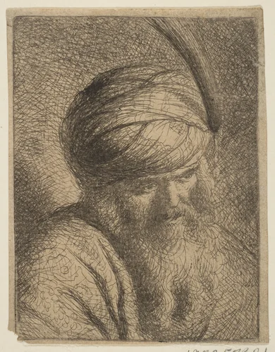 Bust of a Man in a Feathered Turban and Long Beard by Rembrandt van Rijn, print, 1600-1700