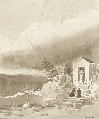 Twee knielende lieden op de trap voor een kapelletje in de bergen by Pierre Luc Charles Cicéri, drawing, 1792-1868