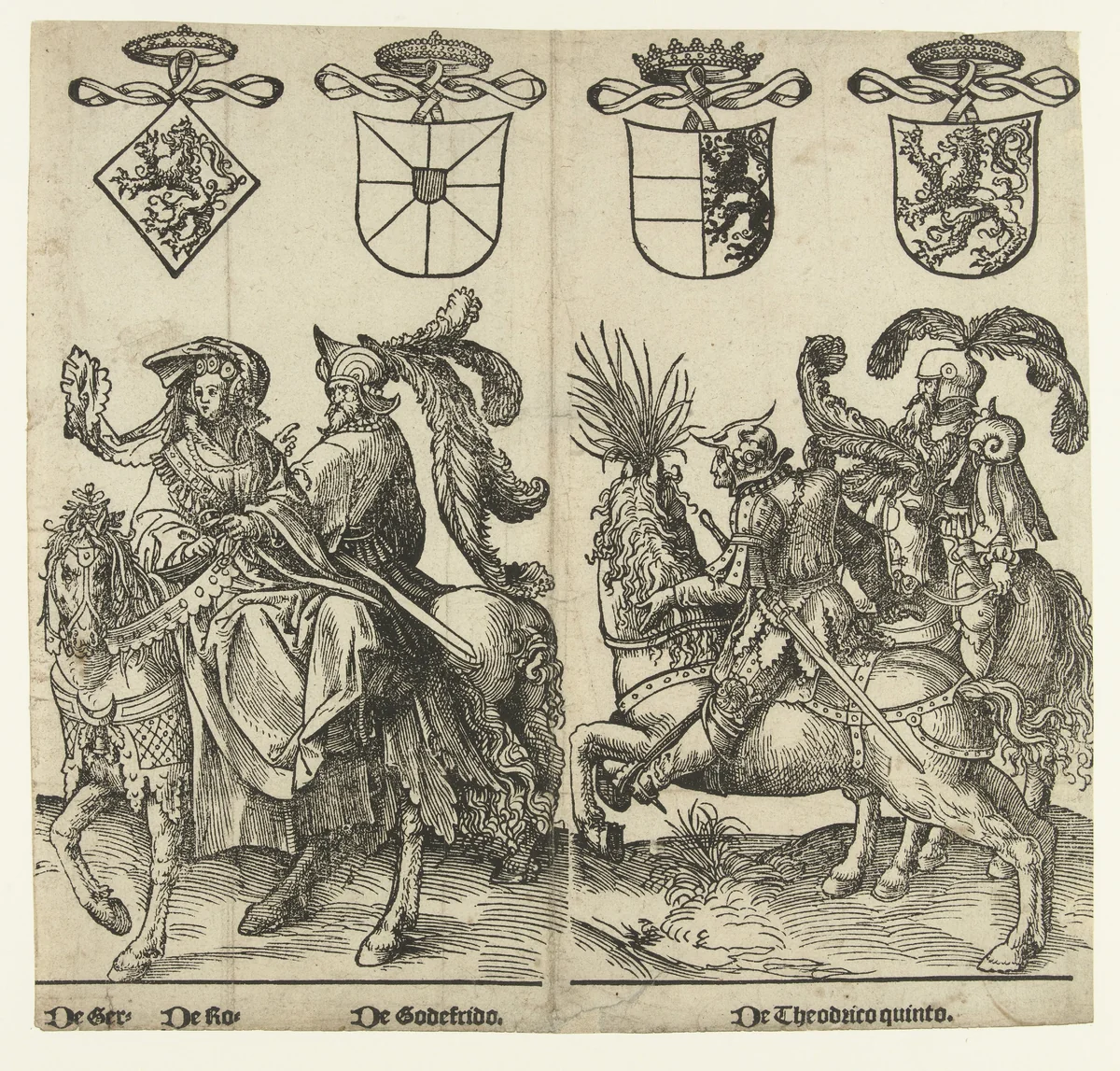 Gertruida van Saksen, Robrecht I de Fries, Godfried met de bult en Dirk V by Jacob Cornelisz van Oostsanen, print, 1518