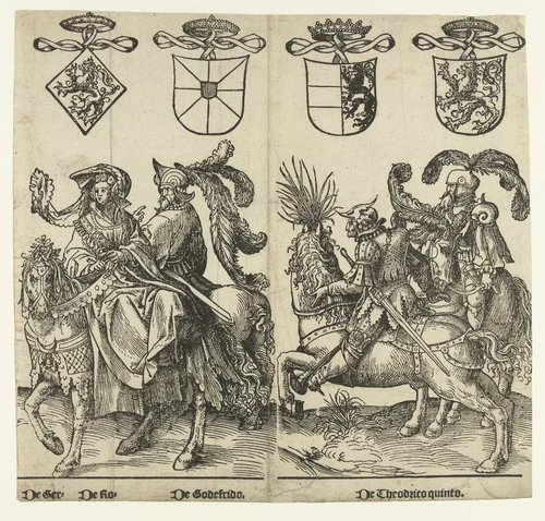 Gertruida van Saksen, Robrecht I de Fries, Godfried met de bult en Dirk V by Jacob Cornelisz van Oostsanen, print, 1518