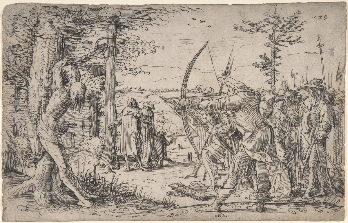 The King's Sons Shooting at Their Father's Corpse by anonymous, drawing, 1500-1600